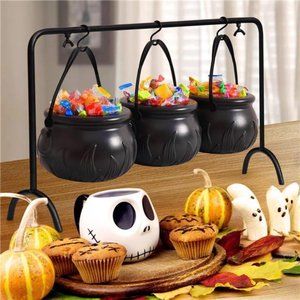 Halloween Candy Bowls, 3 Pcs Witches Cauldron Serving Bowl with Iron Rack, Black